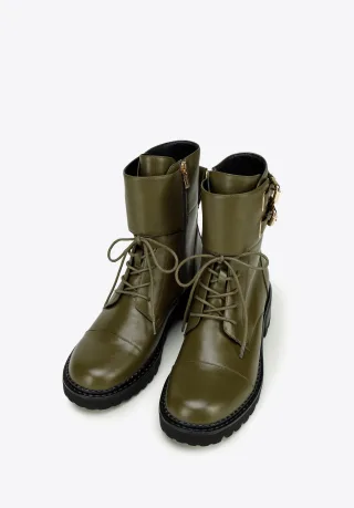 Wittchen Damen-Lederstiefel mit Schnallen, olivgrün, Naturleder