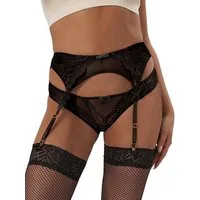 Lau-Fashion Strapsgürtel Strumpfhalter Schwarz Unterwäsche Spitze Hüfthalter Strapse Slip S/XL