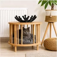 Jungengel Couchtisch Modern mit Katzenhöhle Katzenhaus Beistelltisch Rund Holz Sofatisch (Einzelartikel, 1 Katzenhöhlen-Beistelltisch & 1 Katzenkissen), 2-in-1 Katzenhöhle und Beistelltisch mit Kissen - 4x Varianten