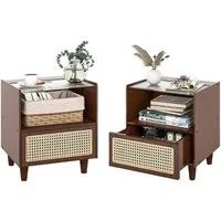 COSTWAY Nachttisch (2-St), mit Schublade und Glastischplatte, aus Bambus & Rattan