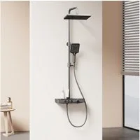 EMKE Duschsystem mit Thermostat Regendusche und Ablage Brausegarnitur Schwarz, 3 Strahlart(en), Höhe 118cm, große Kopfbrause, Thermostat-Set mit 45cm Ablage