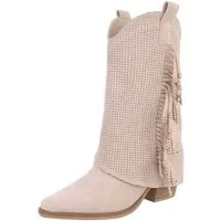 Ital-Design Damen Boots mit Fransen und perforiertem Design Westernstiefel (91154633) Blockabsatz Stiefel in Beige
