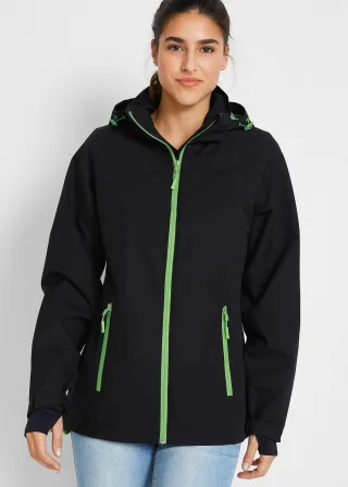 bonprix Wasserdichte Funktions-Jacke mit reflektierenden Details, schwarz, Gr.38, Sportliche Regenjacke mit abnehmbarer Kapuze und versiegelten Nähten