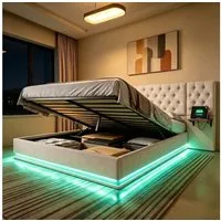 Furnishings Home Polsterbett Doppelbett Stauraumbett Bettkasten LED Licht 140x200 cm (Mit Komforthöhe Lattenrost und Ladefunktion), Modernes Jugendbett, Leises Design Bett, Max. Belastbarkeit 350 kg