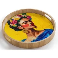 OnlyWow Tablett Rund mit Henkel Frida Kahlo - Frau - Gelb - Blau - Blumen, Eichenholz, (1-tlg), Siervierplatte, Tray, Frühstücksbrett