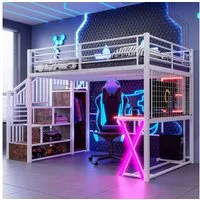 Flieks Hochbett LED Metallbett 140x200 mit Schreibtisch Kleiderschrank Stauraumtreppe