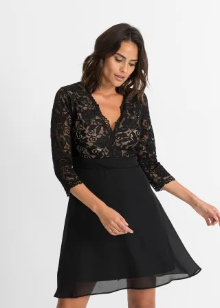 bonprix Chiffonkleid mit Spitze, schwarz, Gr.36/38 (S), Stylisches Kleid mit tiefem V-Ausschnitt