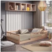 CADANI Kinderbett Timi Bodenbett bis 200 kg belastbar mit abnehmbarem Rausfallschutz (120x200 cm, Montessori Kinder- & Jugendbett aus Kiefer Massivholz), inkl. stabilem Roll-Lattenrost, Natur