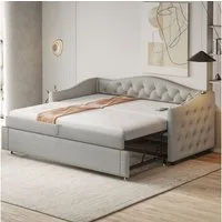 Merax Daybett mit Ausziehbett 90x190cm, Tagesbett in Knopfdesign (Kinderbett Jugendbett Sofabett, 1 tlg), Polsterbett Schlafsofa 90x200cm mit USB, Lattenrost und Leinenstoff
