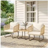 Outsunny Sitzgruppe mit 2 Sessel, Lamell-Holztisch, dicke waschbare Kissen, Stahlrahmen, (Gartenmöbel-Set, 3-tlg., Rattan Bistroset), für Garten, Terrasse Cremeweiß