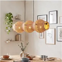 hofstein Pendelleuchte Hängelampe aus Metall/Rattan in Schwarz/Naturfarben, ohne Leuchtmittel, Hängeleuchte im skandinavischen Design, Boho-Style, max. 170 cm, 3xE27