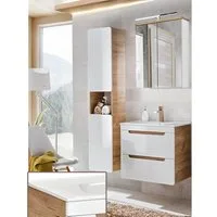 Lomadox Badmöbel-Set LUTON-56, (Spar-Set, 3-St), weiß mit Wotan Eiche Nb. 110/200/46 cm