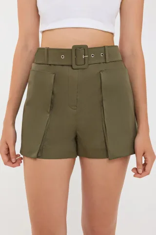 Baumwoll-Hohe-Taille-Shorts mit Tasche und Gürteldetail