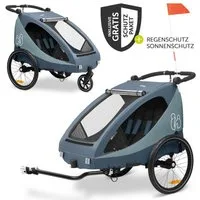 Hauck Fahrradkinderanhänger Dryk Duo Plus - Dark Blue, Fahrradanhänger Buggy für 2 Kinder mit Regen-& Sonnenschutz bis 44 kg