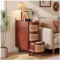 FUFU&GAGA Beistelltisch schmal 26cm Rattan, Telefontisch Retro mit 3 Schubladen