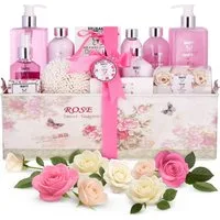 BRUBAKER Pflege-Geschenkset Damen Dusch- und Badeset - Rose Pflegeset, 17-tlg., Geschenkset in Vintage Geschenkbox, Rosen Duft