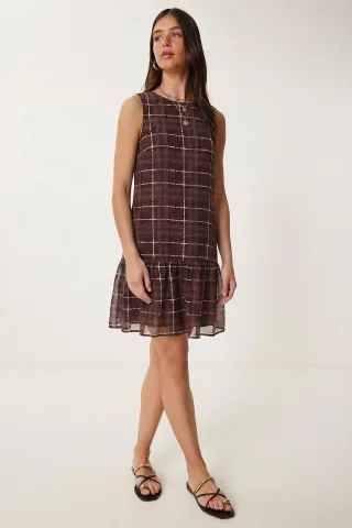 Rüschendekolleté Karo-Mini-Kleid
