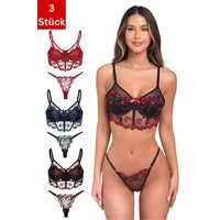 Elegant Love Set: Longline-BH Sexy Dessous-Set aus Stickereispitze – 2-tlg. mit Bügel-BH und Slip (Packung, 3er-Pack) Damenunterwäsche – Lingerie-Set mit floraler Spitze, Reizwäsche