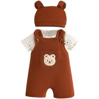 Lapastyle Strampler Baby Jungen Freizeitanzug, Sommer Set für Neugeborene mit Bärenabdruck (Set, 3-tlg) Kurzarmshirt & Latzhose & und Mütze, Niedliches Set, Festliche Kostüme