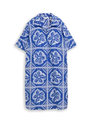 Tom Tailor - Kleid mit Polokragen und Leinenanteil blue flower tile design - Gr. - 42