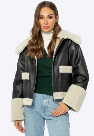 Wittchen Damen-Kurzjacke mit Kunstpelz, schwarzes Kunstleder