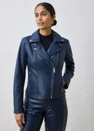 bonprix Bikerjacke aus Nappaleder, blau, Gr.38, Biker-Lederjacke aus hochwertigen Glattleder, aus Nappaleder