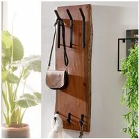 FINEBUY Garderobenpaneel FB66538 Wandgarderobe Holz Metall 100 cm Flur Hakenleiste Massivholz (Akazie Massivholz / Metall 35,5 x 100 x 11 cm), Hakenleiste 2-Reihig, Garderobe Flurgarderobe Wand
