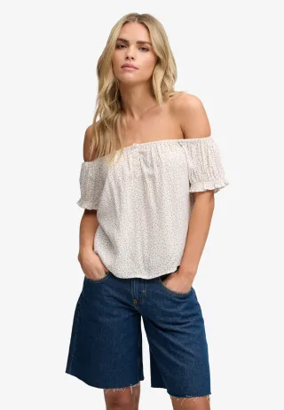 Superdry - Kurzärmeliges Gewebtes Top mit Halbknopfleiste wollweiß mini-rosen - Gr. - 12