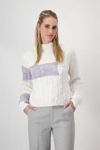 monari - Colourblocking-Pullover mit Zopfmuster off-white - Gr. - 36
