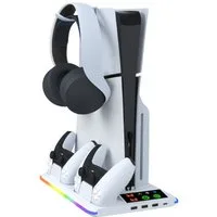 BBG PS5 Kühlständer für PS5 / PS5 Slim / PS5 Pro Ladestation (2800 mA, mit Headset-Halter & USB-Hub, Geräuscharm Lüfter, für PS5, PS5 Slim und PS5 Pro (Digital & Disc), mit Dual-Controller-Ladestation, RGB-Beleuchtung)