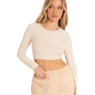 Missy Empire - Kurzes Top für Damen, Rundhalsausschnitt, Langärmlig (Steinfarben)