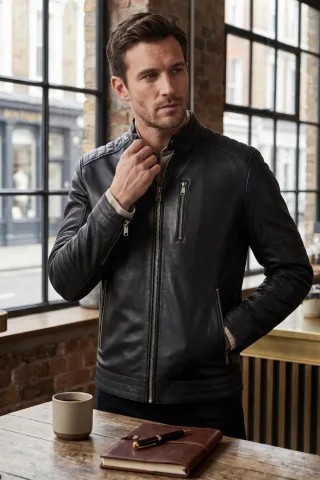 Herren gesteppte schwarze Lammleder-Bikerjacke – Raven