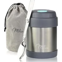 Milu Thermobehälter Edelstahl Thermobehälter Lunchbox für Kinder, auslaufsicher, mit Löffel, Grau