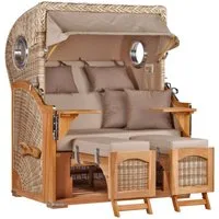 MR.DEKO Strandkorb 2-Sitzer Düne Teak PE Shell Bullauge 125x80x170cm, BxTxH: 125x80x170 cm, Volllieger, Düne, (Fertig montierter Strandkorb für Garten, Terrasse & Balkon), Wetterfester Volllieger mit Edelstahlbeschlägen & waschbaren Polstern