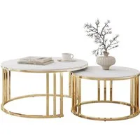 Lookway Couchtisch LIRA 2in1 mit goldfarbenem Gestell und Marmorplatte (2er-Set), Durchmesser: ⌀80 cm und ⌀60 cm
