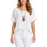 dy_mode Kurzarmbluse Damen Kurzarm Bluse Leichte Sommer Tunika Baumwollbluse Oberteil in Unifarbe, mit passende Kette