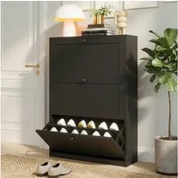 VOWNER Schuhschrank mit 3 Klappen, Schmaler Schuhregal, Verstellbar, 80 x 24 x 117 cm Platzsparend & verstellbar – 24 Paar Schuhe, Schwarz