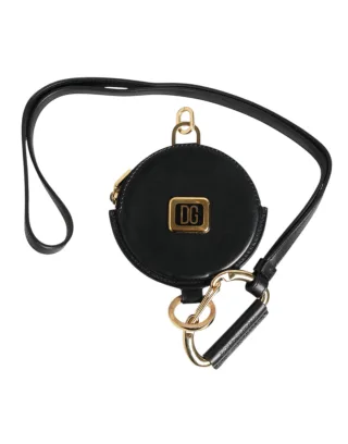 Schwarze Runde Leder DG Logo Münzgeldbörse mit Lanyard