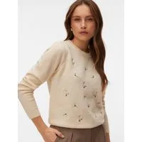 Vero Moda Wollpullover VMFIORELLA EMB LS O-NECK SHORT PULL BOO mit Blumenstickerei