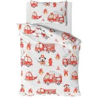 MTOnlinehandel Babybettwäsche Little Hero • 100x135 + 40x60 cm • Feuerwehr, 100% Baumwolle, 2 teilig, Renforcé • Feuerwehrauto • Weiß • Rot