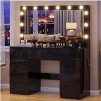 HOMALL Schminktisch Frisiertisch mit Hochglanzoberfläche, LED-Beleuchtung, mit Schmuckfach (Maße: 120 × 40 × 140 cm, mit 7 Schubladen, 2 Steckdosen, 1 USB-Anschluss und 1 Typ-C-Anschluss, dimmbarer LED-Beleuchtung, extra großem Spiegel, als Schminkti