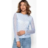 SASSYCLASSY Langarmshirt Getupftes Mesh Shirt für Damen Transparentes Top mit gefütterter Vorderseite und Rundhalsausschnitt