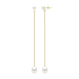 Doppelte Ohrringe aus Gelbgold – echte Süßwasser-Zuchtperlen, Knopf 5–6 mm + Birne 8–9 mm