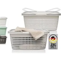 Hausfelder Wäschekorb Wäschewanne 58x37x25cm (Weiß, 2 Körbe, 35 l) (Set, 2 St., 2 x Wäschekorb), mit klappbaren Henkeln, mit Griffen, 35 Liter