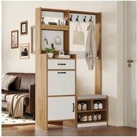 Flieks Garderoben-Set mit Schuhschrank, Sitzbank, 4 Haken, Pegboard, Klappen & Schubladen, (B108,5xT35xH180 cm, 1-St., Holzoptik), Garderobenständer mit Schuhregal, Sitzkissen und Kleiderstange
