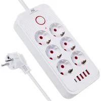 Maclean Steckdosenleiste 6 Steckdosen 2500W 4xUSB Mehrfachsteckdose 6-fach (Ein-/Ausschalter, Kabellänge 1,5 m), 110-240V AC 50/60Hz, 2,1A max 2500W