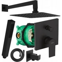 Hansgrohe und Bofler Duscharmatur Hansgrohe Vernis Shape Unterputz Armatur mit Umsteller + IBOX (Unterputz Duschsystem, Duschanlage, Duschset, inkl. BOFLER Duschset #22, Brauseset, Regendusche 20cm, Wandarm) matt schwarz, Antikalk-Gummidüsen, Wassers