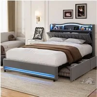 ADWOLT Stauraumbett Polsterbett Doppelbett Mit Schubladen (Packung, 1-tlg), 160x200 cm,Mit LED-Licht und USB,4 Schubladen,Samt - Grau