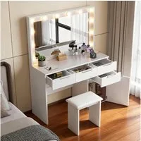 oyajia Schminktisch mit Spiegel und LED-Leuchten, Steckdosenleiste, Schubladen (1 Schränke, 12 dimmbare Glühbirnen, 3 Lichtfarben), Mit Hocker,für Ihr perfektes Make-up-Erlebnis
