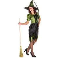 dressforfun Hexen-Kostüm Zauberin/Hellseherin, Gr. S, Glamour-Satin-Optik, Aufregende Spitze, in grün, Glänzender Hexenhut mit Spitzen-Highlight, Korsagen-Look